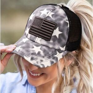 Brand New Womens Criss Cross Messy Bun Patriotic Flag Patch Baseball Cap USA Hat
